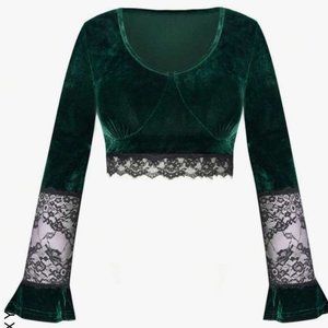 Long Sleeve Green Cropped Stretch Velour Top With Lace Size 1XL